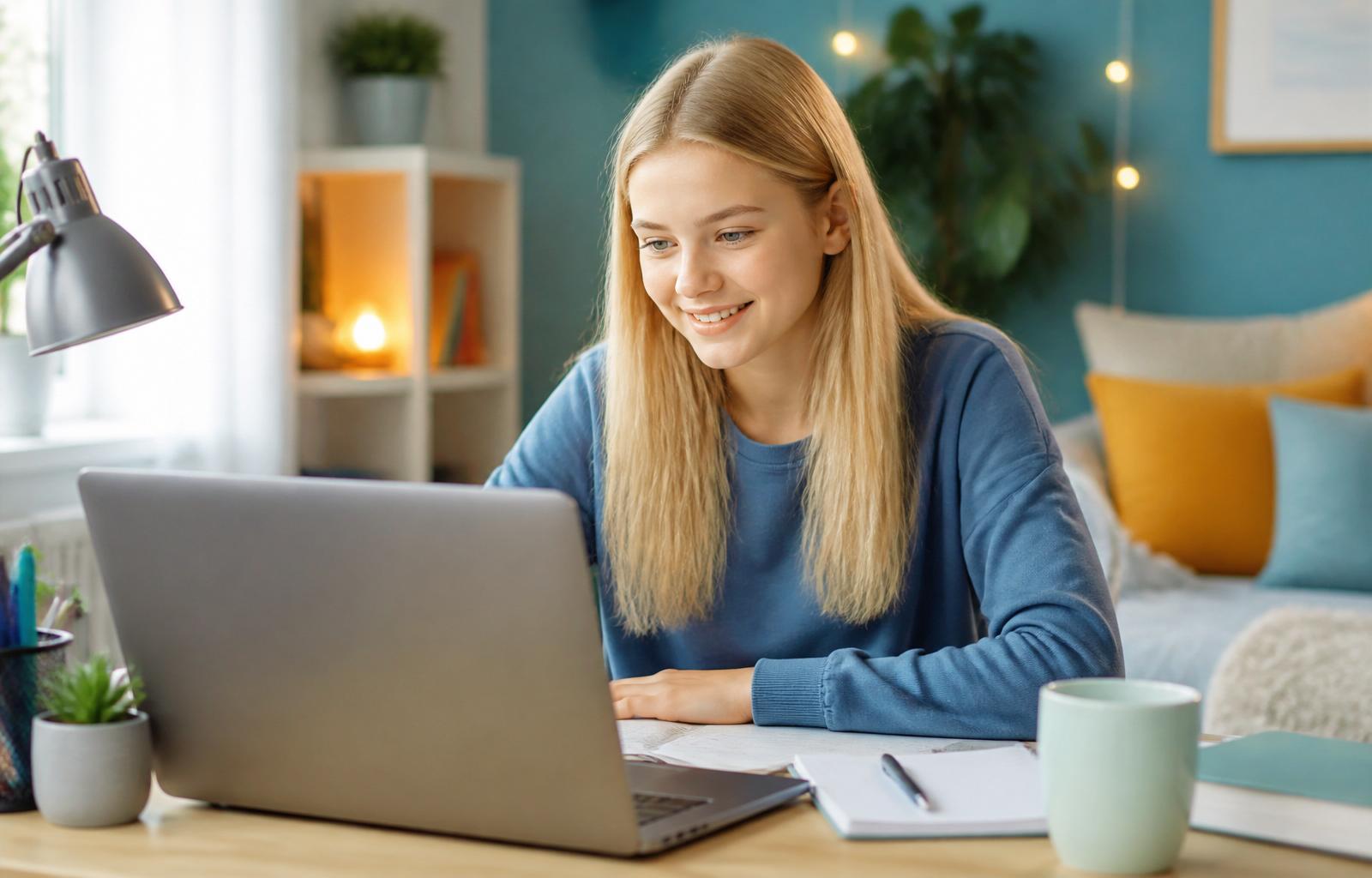 Blondynka ucząca się języka online przy laptopie