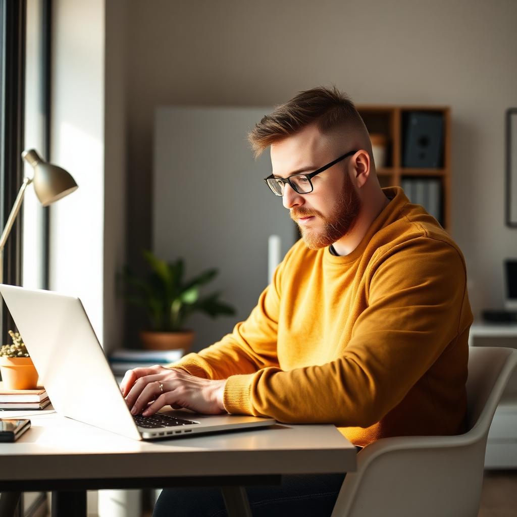 Mężczyzna w wieku 30-35 lat uczący się przy laptopie