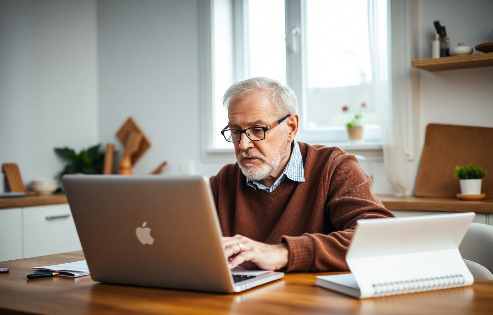 Starszy mężczyzna pracujący przy laptopie z notatnikiem
